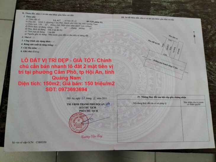 LÔ ĐẤT VỊ TRÍ ĐẸP – GIÁ TỐT- Chính chủ cần bán nhanh lô đất 2 mặt tiền vị trí tại tp Hội An, tỉnh