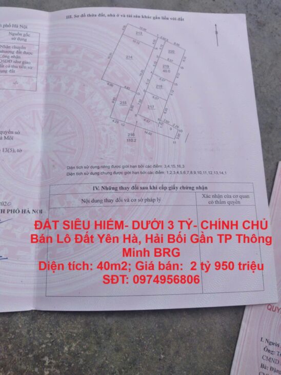ĐẤT SIÊU HIẾM- DƯỚI 3 TỶ- CHÍNH CHỦ Bán Lô Đất Yên Hà, Hải Bối Gần TP Thông Minh BRG