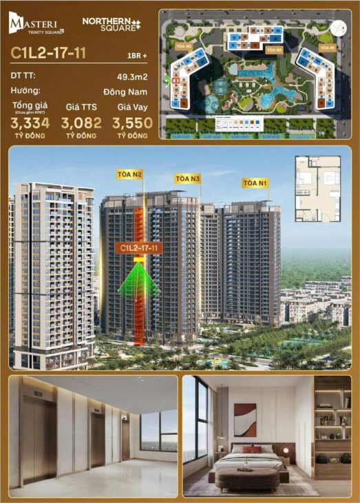 Chung cư Masteri Trinity Square – Vinhomes Ocean Park 2, Căn 1PN+ diện tích 49,3m2 hướng Đông Nam