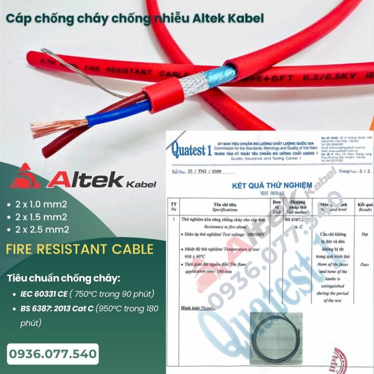 Cáp chống cháy chống nhiễu Altek Kabel 2×1.5 mm2 – Fire resistant, TC IEC 60331, BS 6387