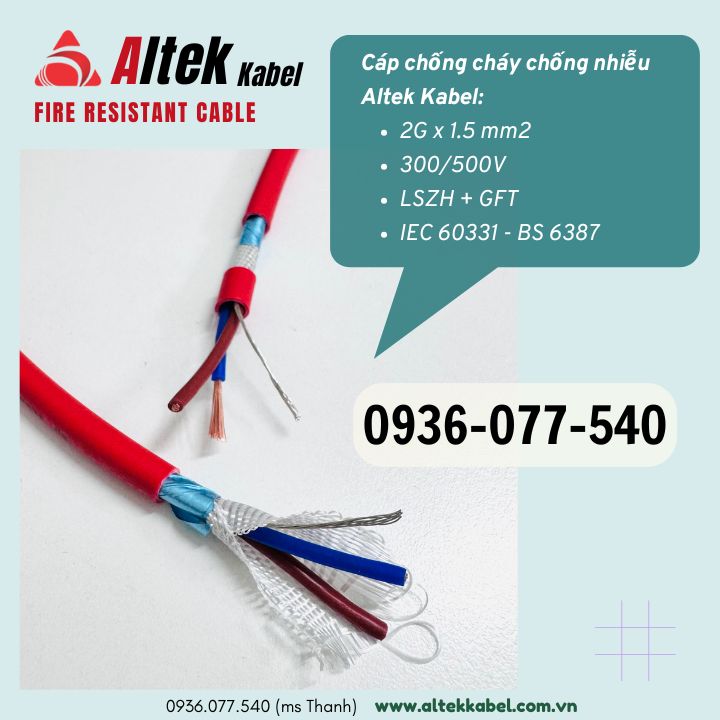 Cáp chống cháy chống nhiễu Altek Kabel 2×1.5 mm2 – Fire resistant, TC IEC 60331, BS 6387