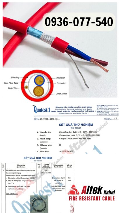 Cáp chống cháy chống nhiễu Altek Kabel 2×1.5 mm2 – Fire resistant, TC IEC 60331, BS 6387