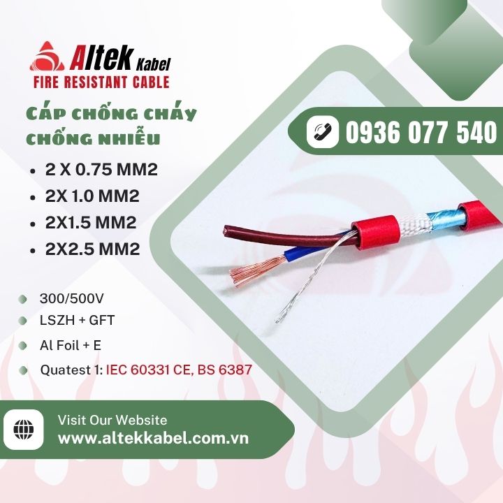 Cáp chống cháy Altek Kabel 2 x 1.0 mm2 – Đạt chuẩn IEC 60331, BS 6387