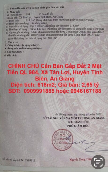 CHÍNH CHỦ Cần Bán Gấp Đất 2 Mặt Tiền QL 984, Xã Tân Lợi, Huyện Tịnh Biên, An Giang