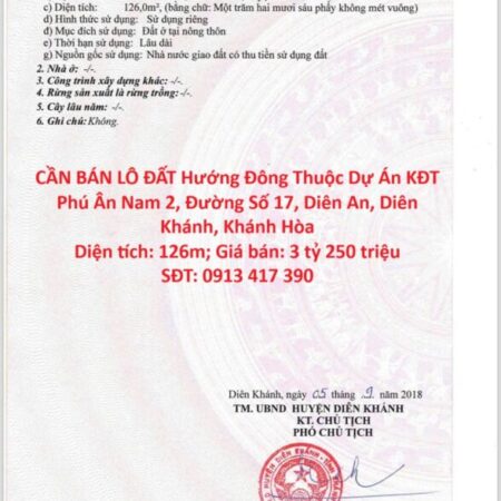 CẦN BÁN LÔ ĐẤT Hướng Đông Thuộc Dự Án KĐT Phú Ân Nam 2, Đường Số 17, Diên An, Diên Khánh, Khánh Hòa