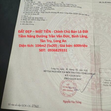 ĐẤT ĐẸP – MẶT TIỀN – Chính Chủ Bán Lô Đất Tiềm Năng Đường Trần Văn Đức, Bình Lãng, Tân Trụ, Long An
