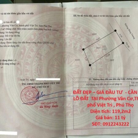ĐẤT ĐẸP – GIÁ ĐẦU TƯ – CẦN BÁN LÔ ĐẤT TẠI Phường Vân Cơ,Thành phố Việt Trì , Phú Thọ