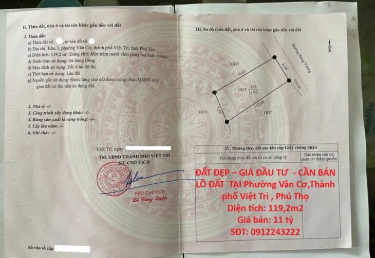 ĐẤT ĐẸP – GIÁ ĐẦU TƯ – CẦN BÁN LÔ ĐẤT TẠI Phường Vân Cơ,Thành phố Việt Trì , Phú Thọ