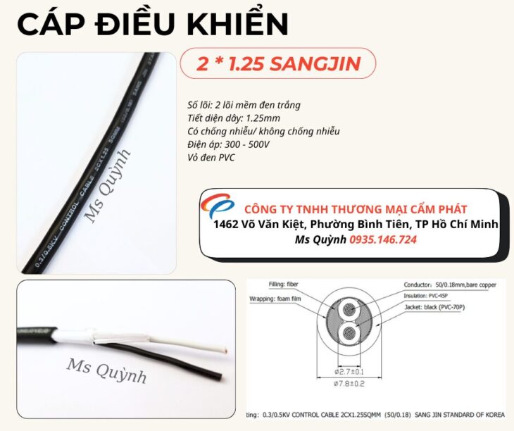 Cáp điều khiển 2 lõi 2×1.25 Sangjin Hồ Chí Minh