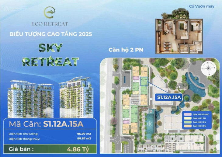 Căn hộ 2PN Eco Long An, Eco Retreat ban công vườn mây, view BT Đảo, 96m2 chỉ 4.5 tỷ rẻ nhất thị