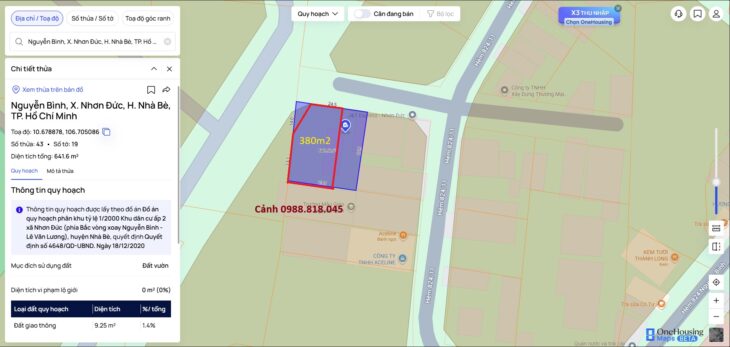 Bán đất 380m2 đường Nguyễn Bình, xã Nhơn Trạch, Nhà Bè, TP Hồ Chí Minh