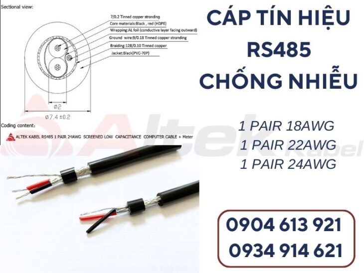 Cáp tín hiệu truyền thông RS485 vặn xoắn chống nhiễu 1 pair 18AWG Altek Kabel