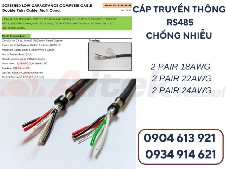 Cáp tín hiệu truyền thông RS485 vặn xoắn chống nhiễu 1 pair 18AWG Altek Kabel