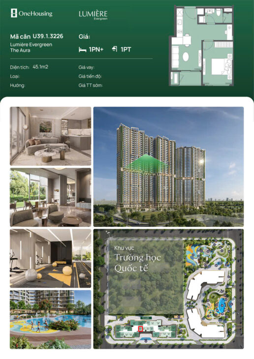 CẦN BÁN NHANH CĂN HỘ 1PN+ TẠI DỰ ÁN LUMIERE EVERGREEN – TRUNG TÂM KHU ĐÔ THỊ SMART CITY