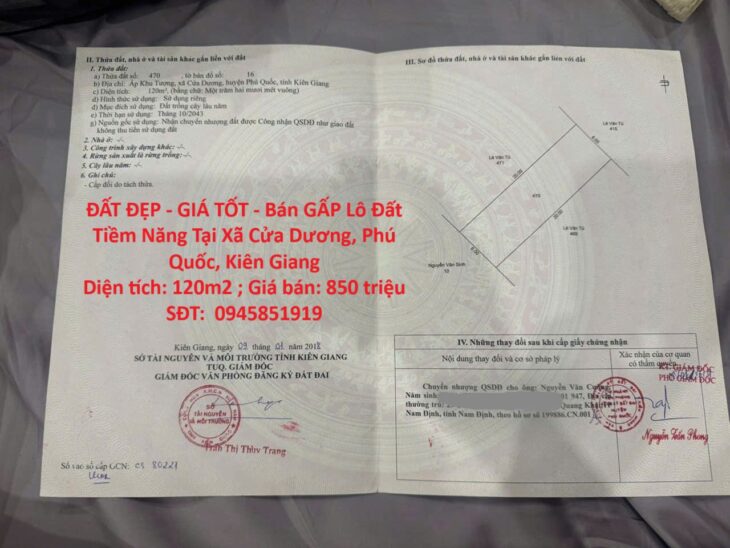 ĐẤT ĐẸP – GIÁ TỐT – Bán GẤP Lô Đất Tiềm Năng Tại Xã Cửa Dương, Phú Quốc, Kiên Giang