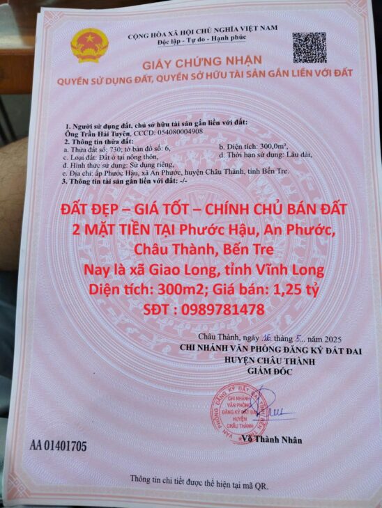 ĐẤT ĐẸP – GIÁ TỐT – CHÍNH CHỦ BÁN ĐẤT 2 MẶT TIỀN TẠI Phước Hậu, An Phước, Châu Thành, Bến Tre