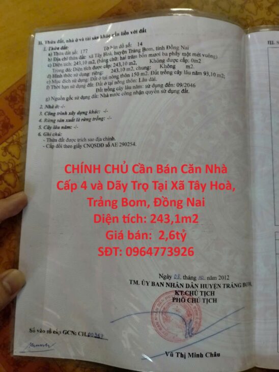 VỊ TRÍ ĐẸP – GIÁ TỐT -CHÍNH CHỦ Cần Bán Căn Nhà Cấp 4 và Dãy Trọ Tại Xã Tây Hoà, Trảng Bom, Đồng Nai