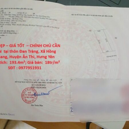 ĐẤT ĐẸP – GIÁ TỐT – CHÍNH CHỦ CẦN BÁN tại thôn Đan Tràng, Xã Hồng Quang, Huyện Ân Thi, Hưng Yên