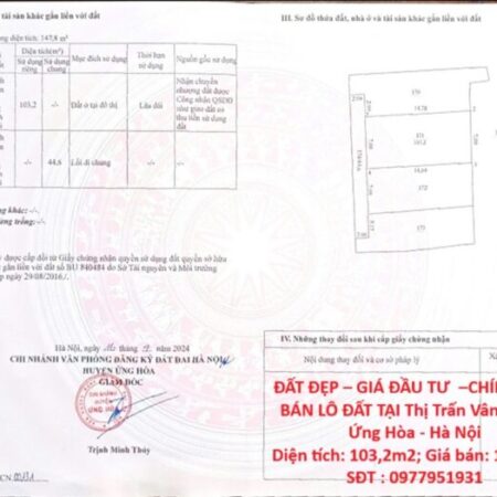 ĐẤT ĐẸP – GIÁ ĐẦU TƯ –CHÍNH CHỦ BÁN LÔ ĐẤT TẠI Thị Trấn Vân Đình – Ứng Hòa – Hà Nội