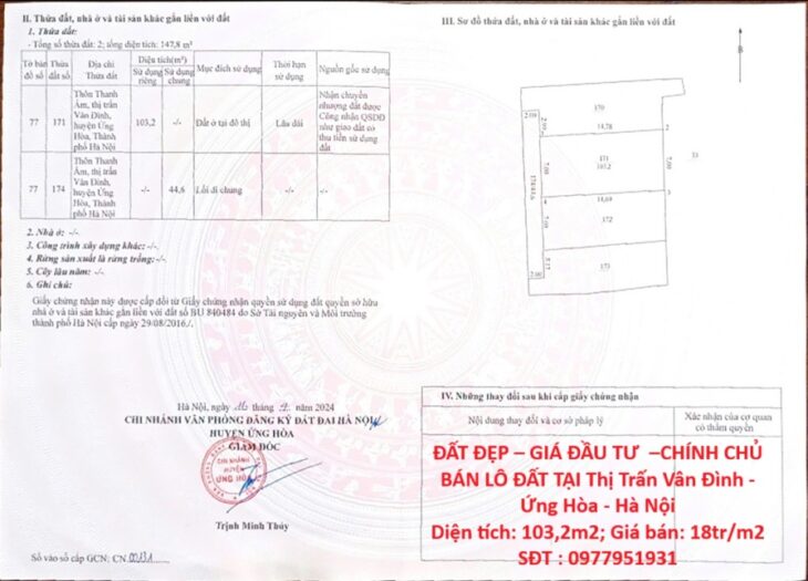 ĐẤT ĐẸP – GIÁ ĐẦU TƯ –CHÍNH CHỦ BÁN LÔ ĐẤT TẠI Thị Trấn Vân Đình – Ứng Hòa – Hà Nội