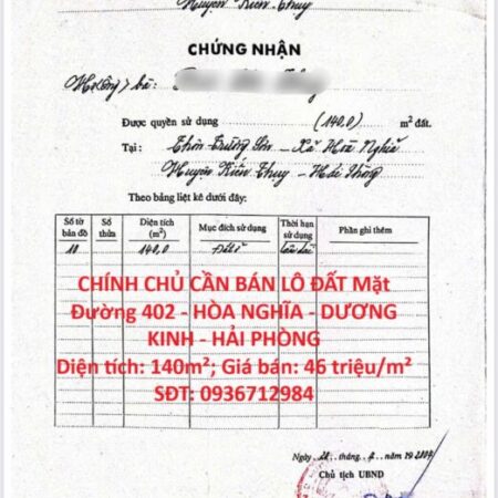 CHÍNH CHỦ CẦN BÁN LÔ ĐẤT Mặt Đường 402 – HÒA NGHĨA – DƯƠNG KINH – HẢI PHÒNG CHÍNH CHỦ CẦN BÁN LÔ ĐẤT Mặt Đường 402 – HÒA NGHĨA – DƯƠNG KINH – HẢI PHÒNG