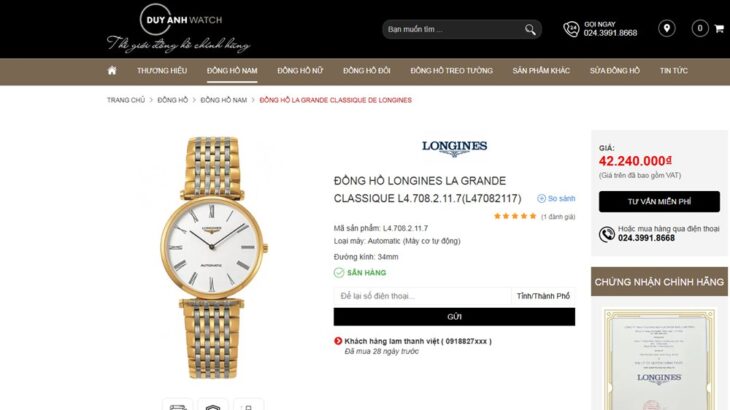 ĐH Nam Longines La Grande L4.708.2.11.7 Automatic Demi Vàng, Siêu Mỏng.