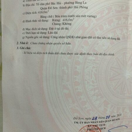 BÁN LÔ ĐẤT 416M² TRUNG TÂM BÀNG LA – ĐỒ SƠN GIÁ CHỈ 1X TRIỆU/M² CỰC HIẾM DIỆN TÍCH LỚN – ZALO