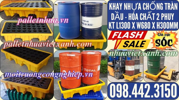 Pallet nhựa chống tràn dầu – hóa chất 2 phuy 1300x680x300mm