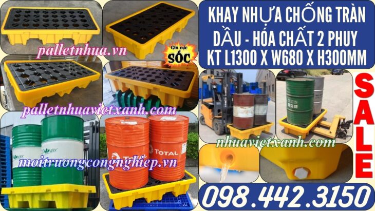Pallet nhựa chống tràn 2 phuy KT 1300x680x300mm