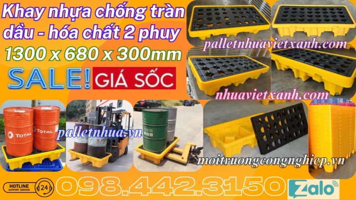 Pallet nhựa chống tràn 2 phuy KT 1300x680x300mm
