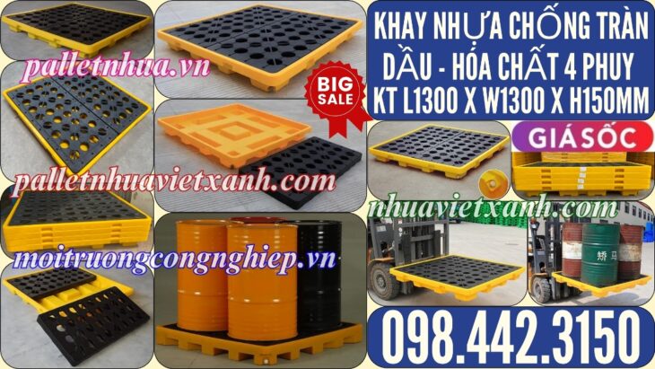 Pallet nhựa chống tràn dầu – hóa chất 4 phuy 1300x1300x150mm