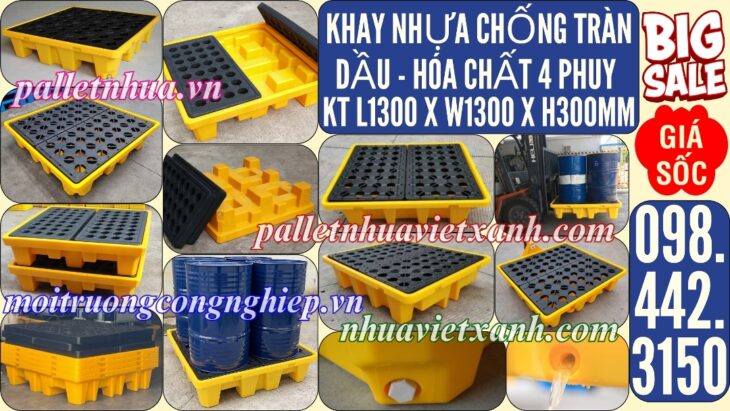 Pallet nhựa chống tràn dầu – hóa chất 4 phuy 1300x1300x150mm