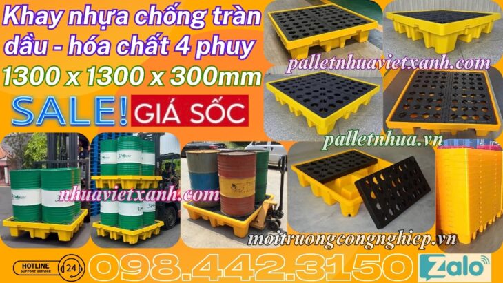 Pallet nhựa chống tràn 4 phuy KT 1300x1300x300mm