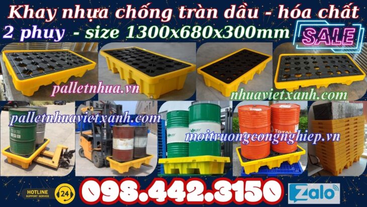 Pallet nhựa chống tràn 2 phuy KT 1300x680x300mm