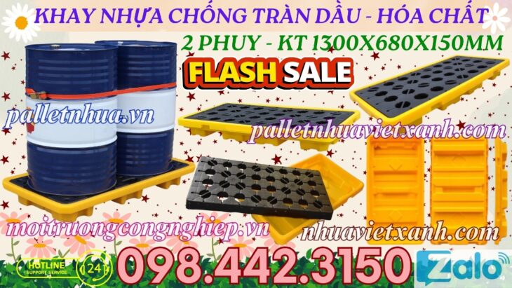 Pallet nhựa chống tràn dầu – hóa chất 2 phuy 1300x680x150mm