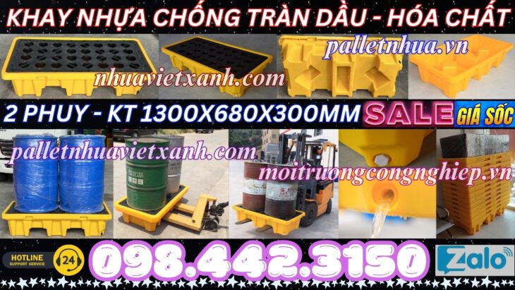 Pallet nhựa chống tràn dầu – hóa chất 2 phuy 1300x680x300mm