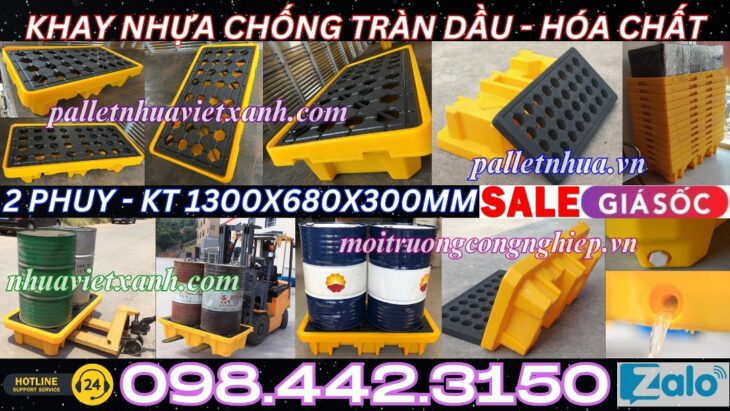 Pallet nhựa chống tràn 2 phuy KT 1300x680x300mm
