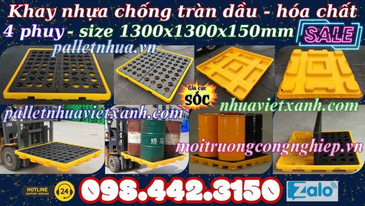 Pallet nhựa chống tràn dầu – hóa chất 4 phuy 1300x1300x150mm