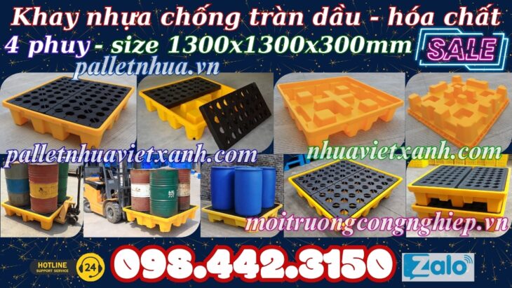 Pallet nhựa chống tràn dầu – hóa chất 4 phuy 1300x1300x150mm