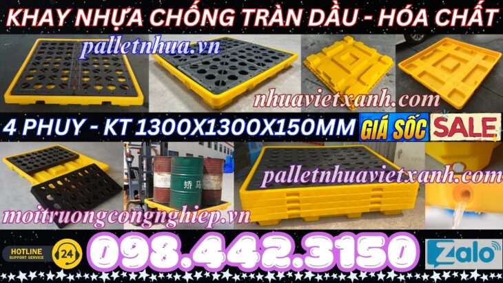 Pallet nhựa chống tràn dầu – hóa chất 4 phuy 1300x1300x150mm