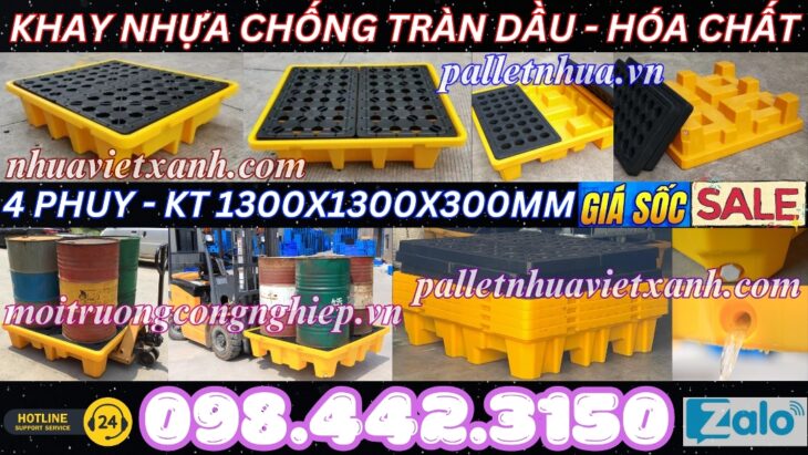 Pallet nhựa chống tràn dầu – hóa chất 4 phuy 1300x1300x150mm