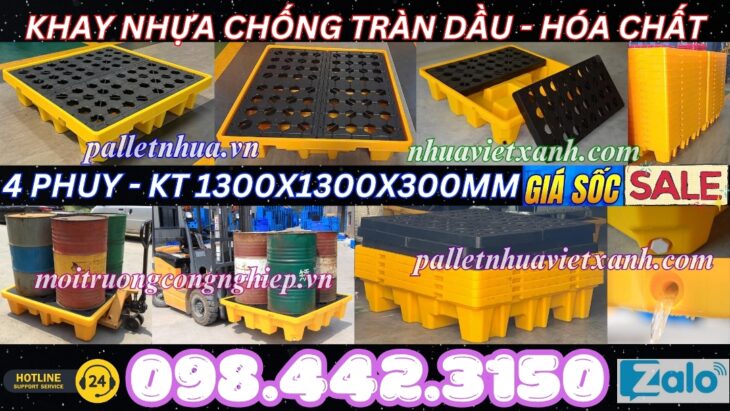 Pallet nhựa chống tràn 4 phuy KT 1300x1300x300mm