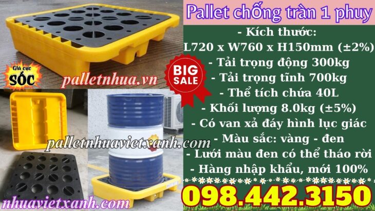 Pallet nhựa chống tràn 1 phuy 720x720x160mm