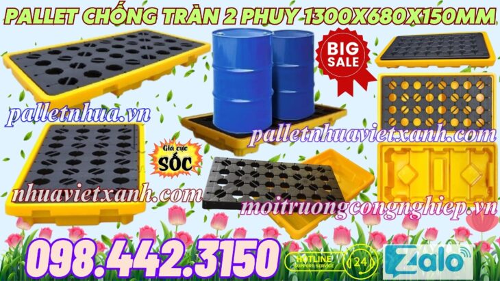 Pallet nhựa chống tràn dầu – hóa chất 2 phuy 1300x680x150mm