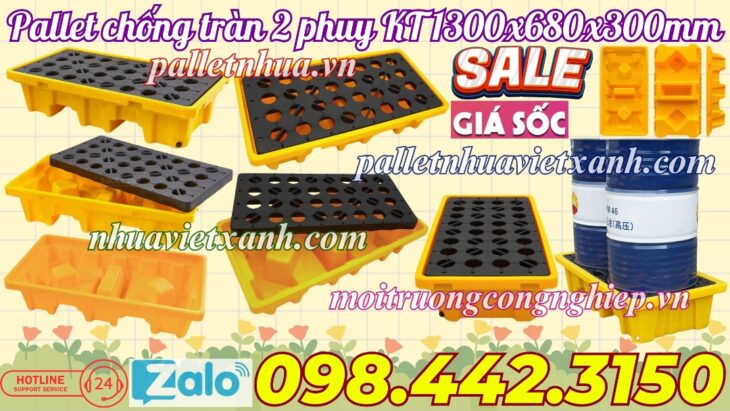 Pallet nhựa chống tràn dầu – hóa chất 2 phuy 1300x680x300mm