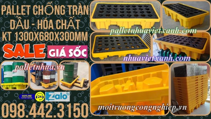 Pallet nhựa chống tràn 2 phuy KT 1300x680x300mm