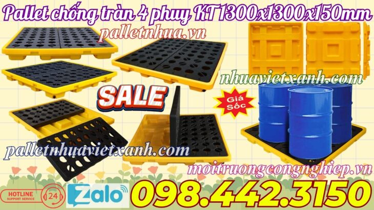Pallet nhựa chống tràn dầu – hóa chất 4 phuy 1300x1300x150mm