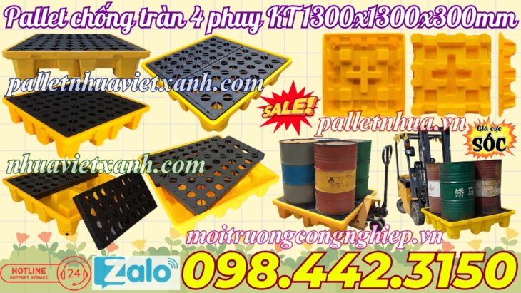 Pallet nhựa chống tràn dầu – hóa chất 4 phuy 1300x1300x150mm