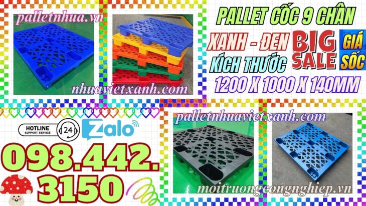 Pallet nhựa cốc 9 chân 1200x1000x140mm mặt lưới