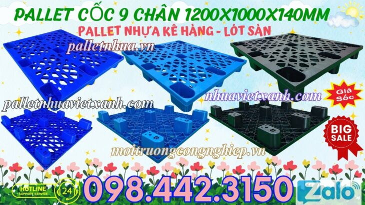 Pallet nhựa cốc 9 chân 1200x1000x140mm mặt lưới